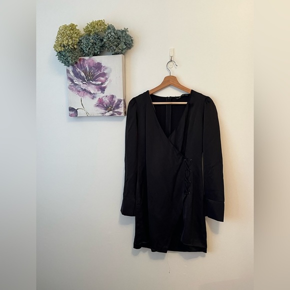 Zara Black Lace Up Cross Over Longsleeve Satin Dress Size medium - Picture 2 of 10